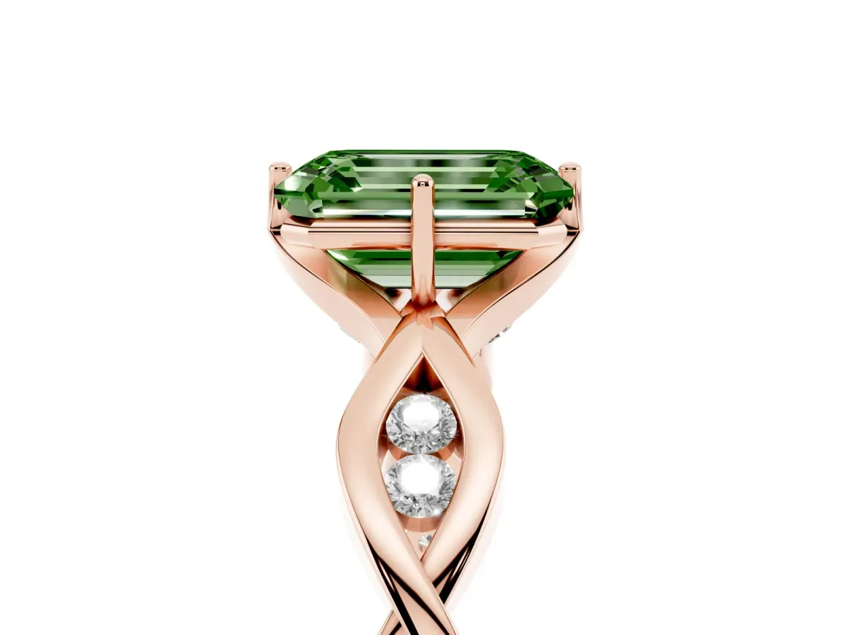 Fancy Green Emerald Cut Solitaire Twist Band with Leaf Prong Setting Rose gold