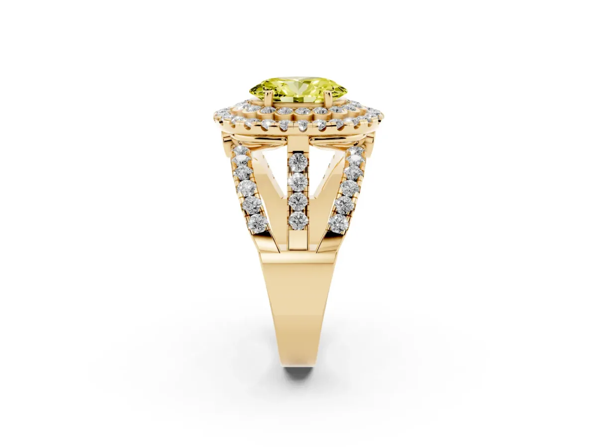 Fancy Yellow Oval Cut Diamond Double Halo Ring with Round Pavé Split Shank and Prong Setting Yellow gold