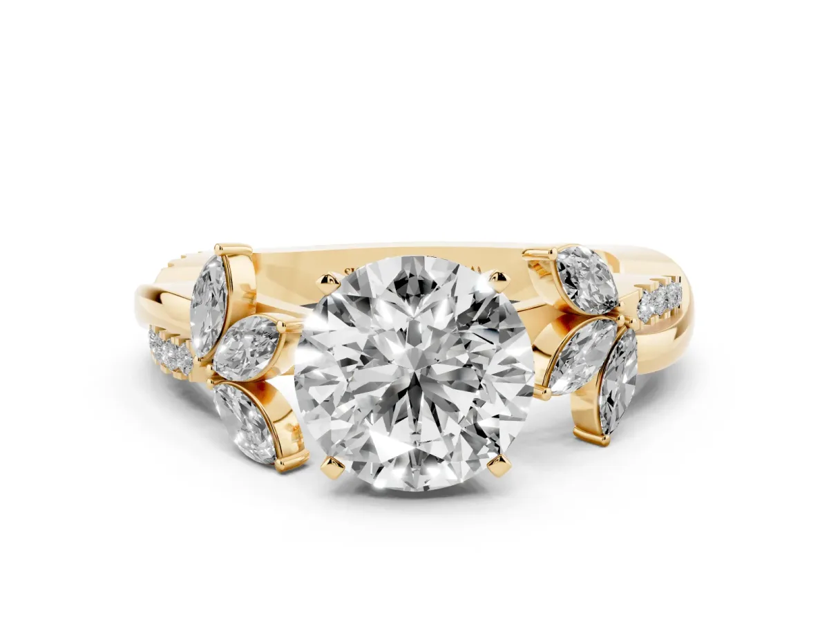 Round Cut Diamond Floral Vine Solitaire Engagement Ring Yellow gold