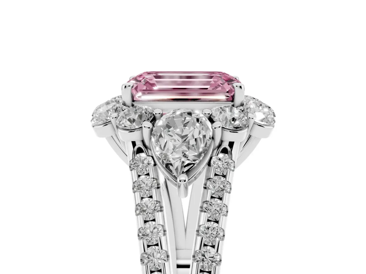 Fancy Pink Emerald Cut Halo Split Shank Diamond Engagement Ring with Prong Setting White gold