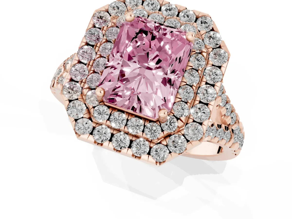 Fancy Pink Double Halo Radiant Cut Diamond Pavé Split Shank Ring with Prong Setting Rose gold