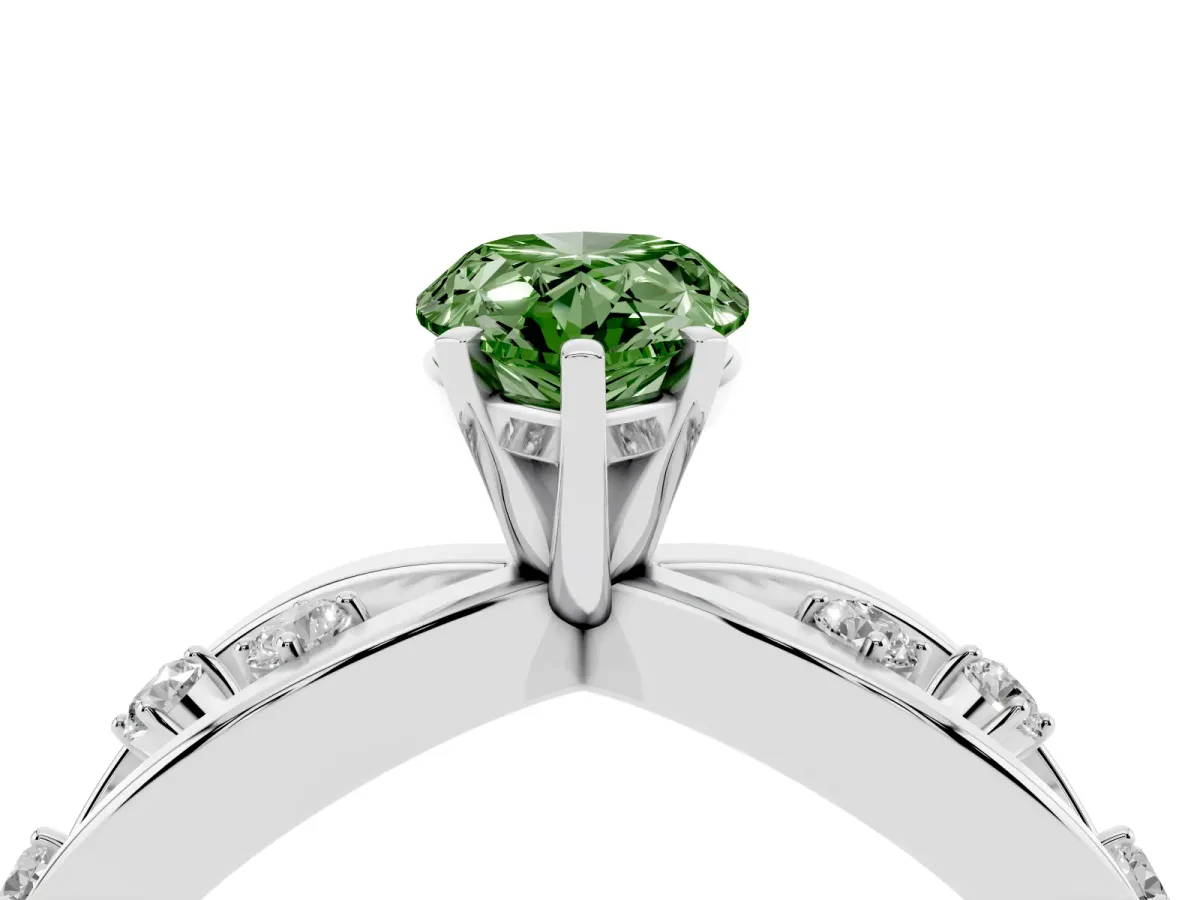 Fancy Green Pear Cut Cut Solitaire Diamond with Side Stones on Criss-Cross Band and Four-Prong Setting Silver