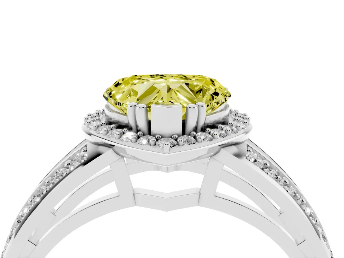 Fancy Yellow Heart Cut Diamond Halo Ring with Split Shank Pavé Band and Four-Prong Setting Platinum