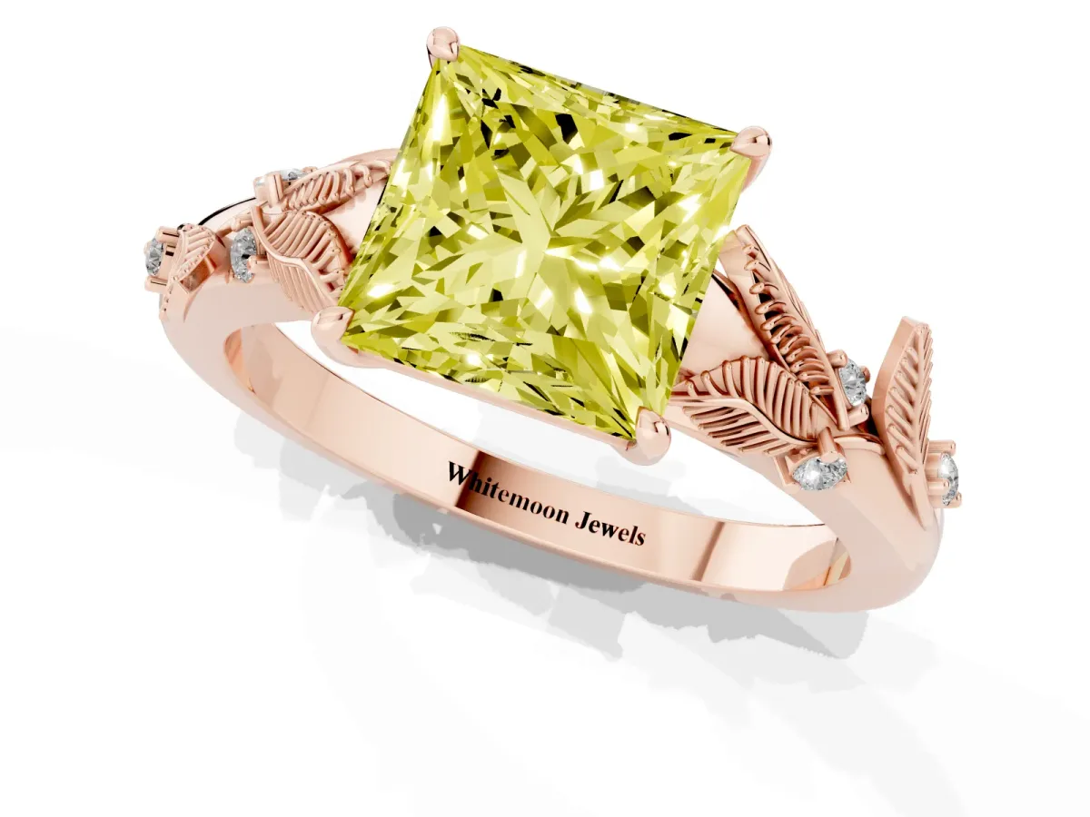 Fancy Yellow Princess Cut Diamond Solitaire Ring with Leaf Motif Band and Four-Prong Setting Rose gold
