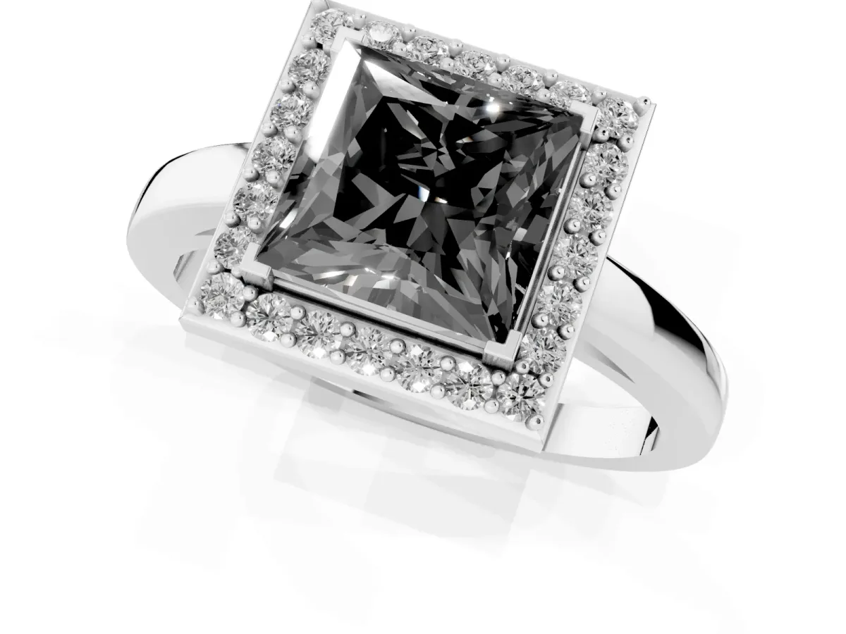 Fancy Black Princess Cut Halo Diamond Ring with Solitaire Band and Prong Setting Silver