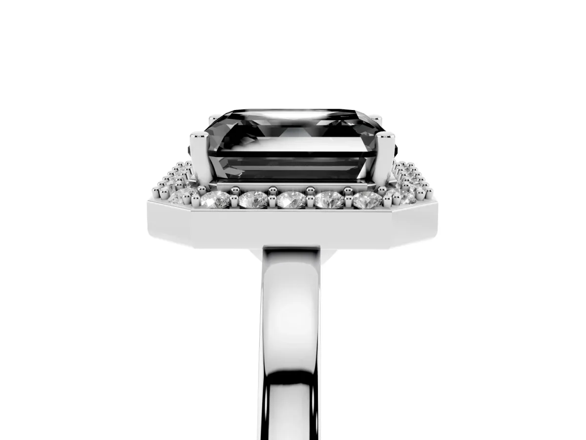 Fancy Black Asscher Cut Halo Diamond Ring with Solitaire Band and Prong Setting Silver