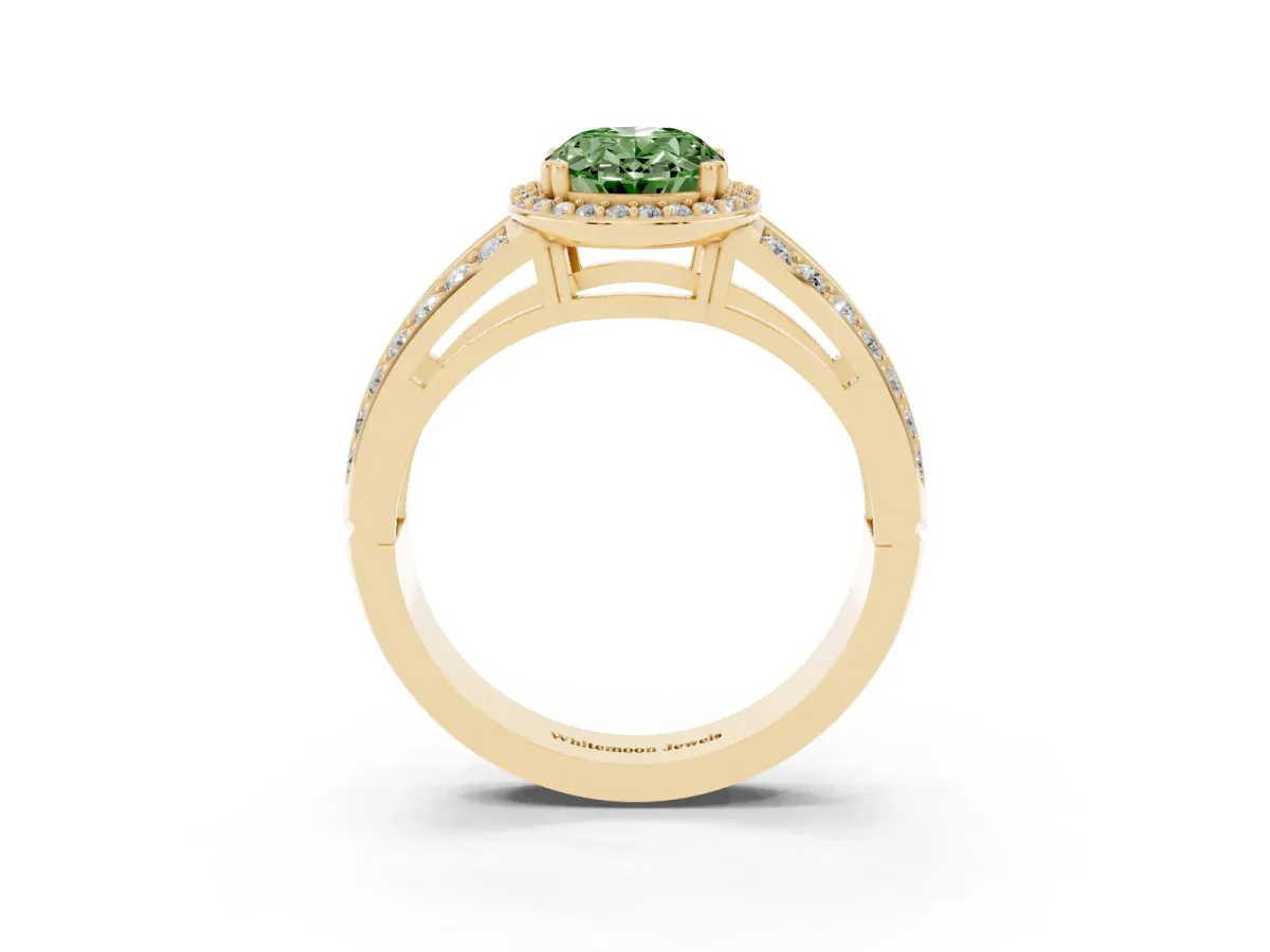 Fancy Green Oval Cut Diamond Halo Ring with Split Shank Pavé Band and Four-Prong Setting Yellow gold