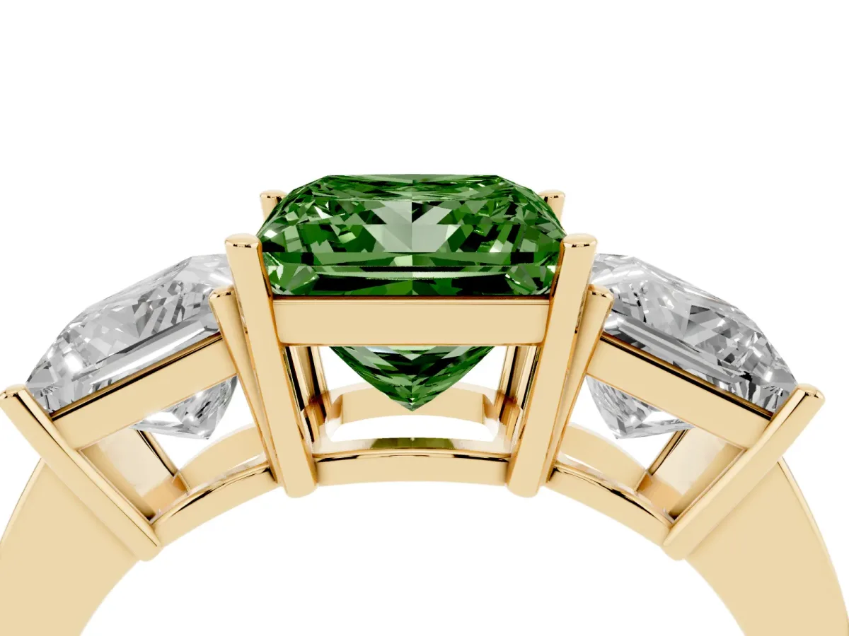 Fancy Green Three-Stone Princess Cut Cut Diamond Engagement Ring with Flat Band and Four-Prong Setting Yellow gold