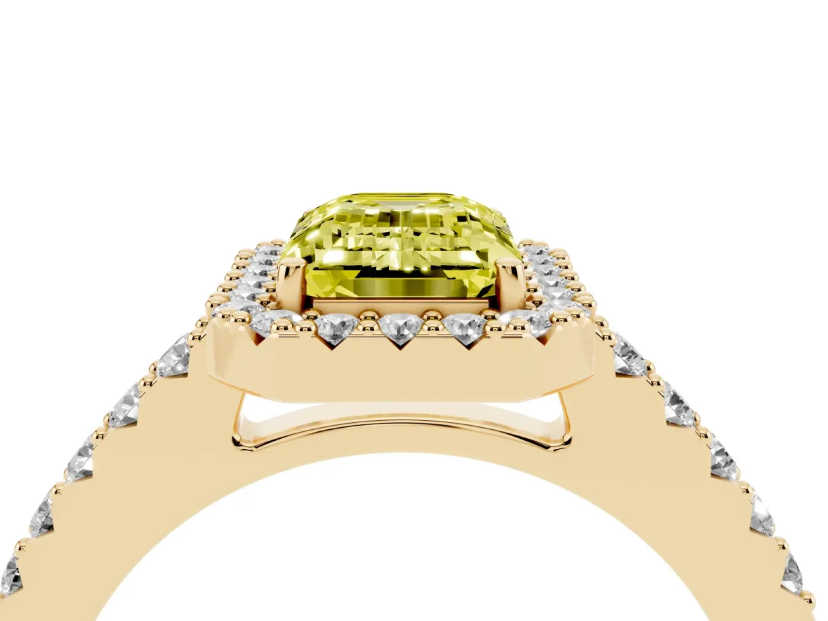 Fancy Yellow Emerald Cut Halo Diamond Pavé Solitaire Ring Yellow gold