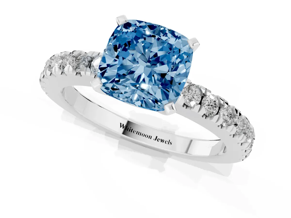 Fancy Blue Cushion Cut Solitaire Diamond with Pavé Band and Four-Prong Setting Silver