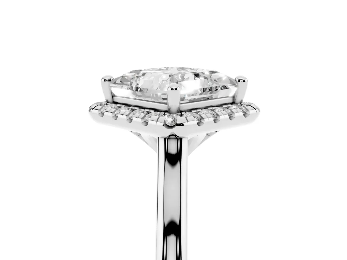 Princess Cut Halo Round Diamond Solitaire Engagement Ring with Pave Band and Four-Prong Setting White gold