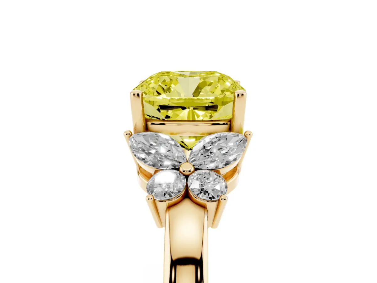 Fancy Yellow Cushion Cut Cut Solitaire Floral Diamond Ring with Four-Prong Setting Yellow gold