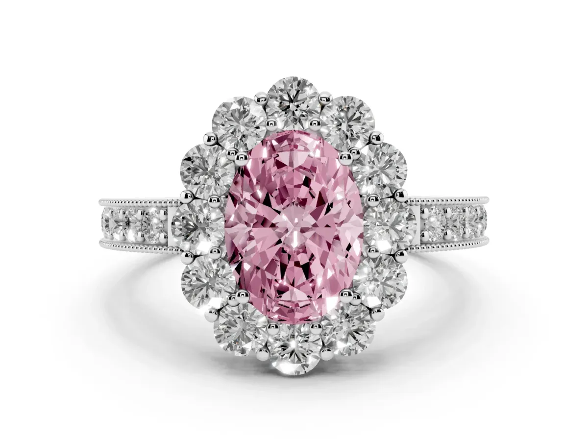 Fancy Pink Oval Cut Cut Halo Diamond Pavé Engagement Ring with Milgrain Detailing Platinum
