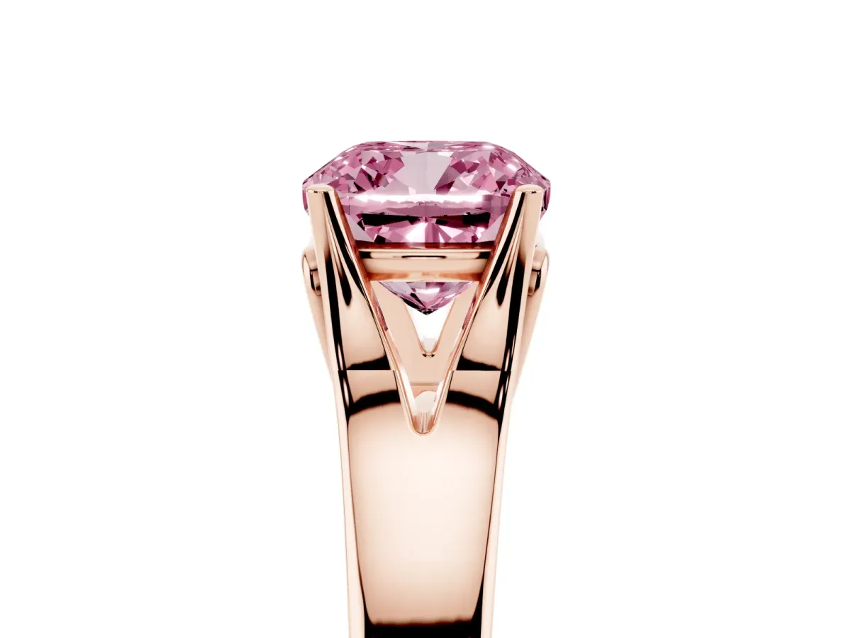 Fancy Pink Cushion Cut Solitaire Diamond Ring with Cathedral Band and Four-Prong Setting Rose gold