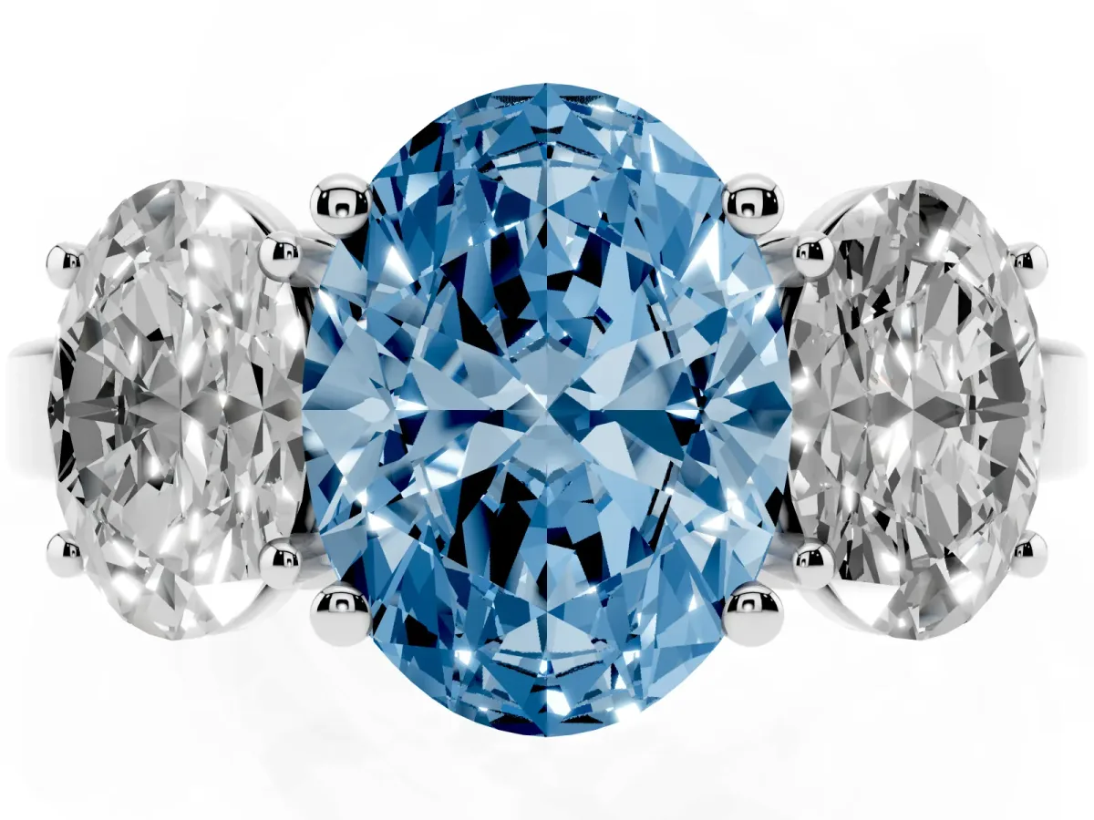 Fancy Blue Three-Stone Oval Cut Cut Diamond Engagement Ring with Flat Band and Four-Prong Setting Silver