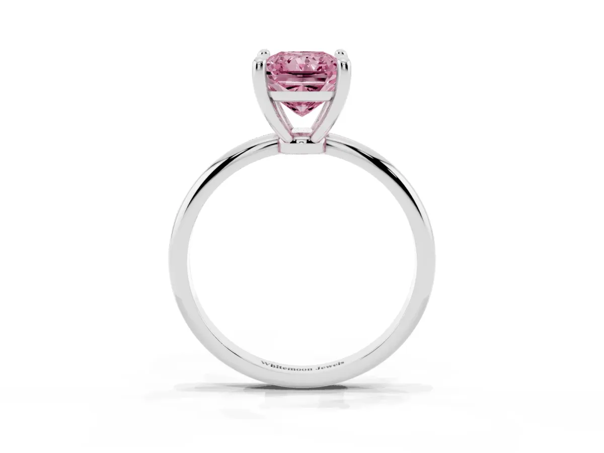 Fancy Pink Radiant Cut Solitaire Diamond Ring with 4-Prong Setting on a Classic Band Silver