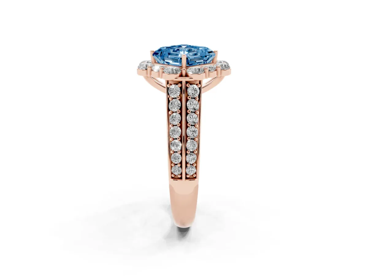 Fancy Blue Asscher Cut Halo Diamond Engagement Ring with Split Shank and Prong Setting Rose gold