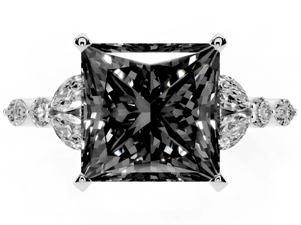 Fancy Black Princess Cut Diamond Solitaire Ring with Side Stones and Four-Prong Setting Silver