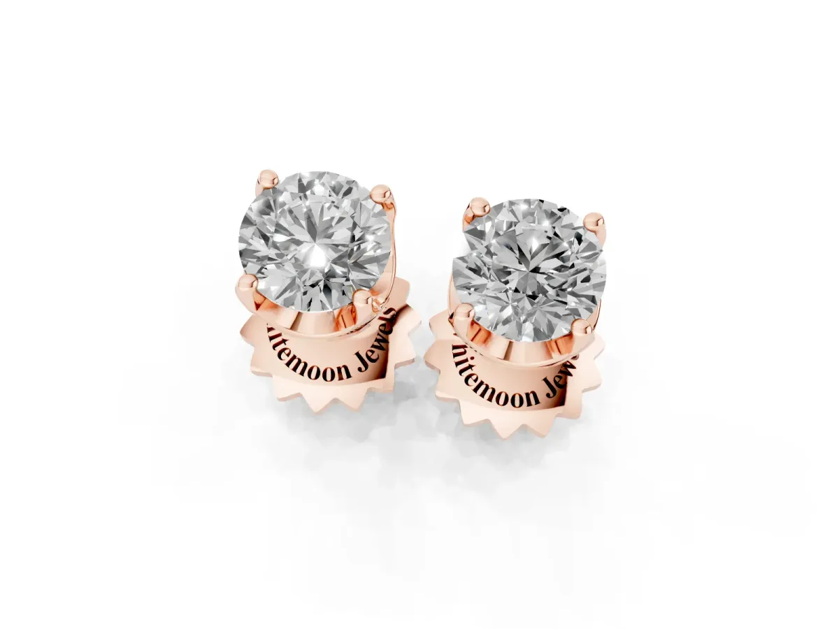 Round Solitaire Diamond Stud Earrings with Four-Prong Basket Setting Rose gold