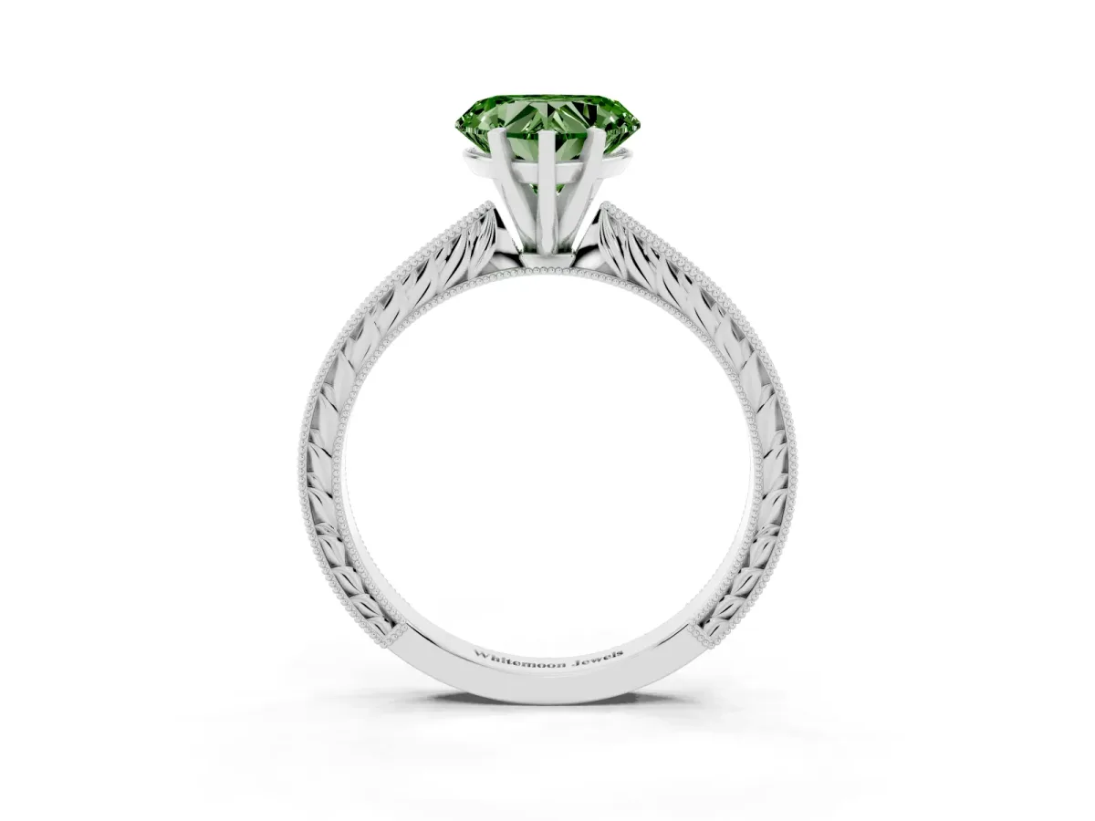 Fancy Green Heart Cut Solitaire Milgrain Engraved Band with Four-Prong Setting Silver