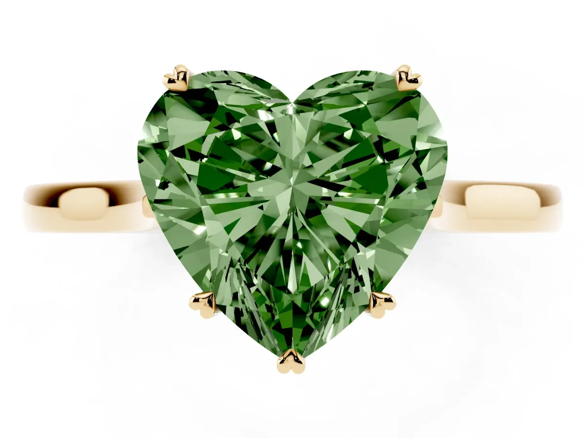 Fancy Green Heart Cut Solitaire Heart Prong Engagement Ring with Tapered Band Yellow gold