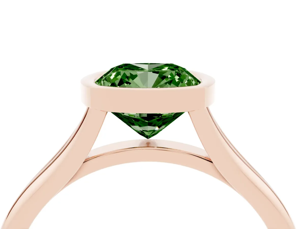 Fancy Green Bezel Set Cushion Cut Cut Solitaire Ring with Tapered Band Rose gold