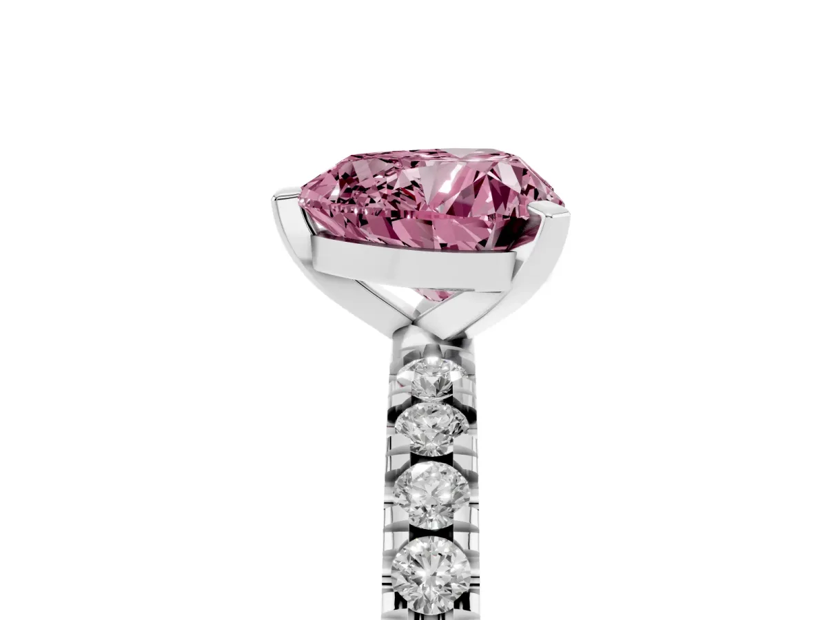 Fancy Pink Heart Cut Diamond Pavé Band Solitaire with Four-Prong Setting Silver