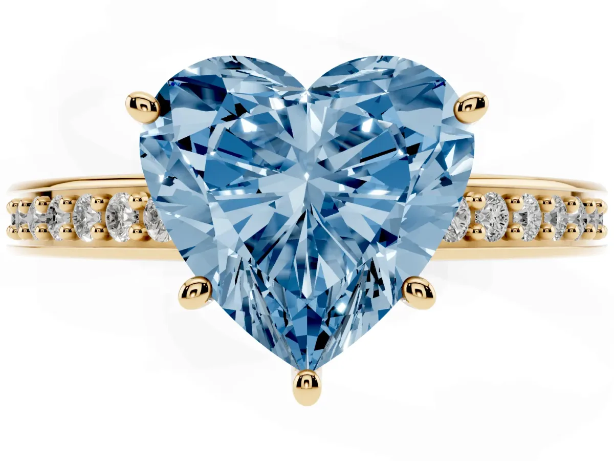 Fancy Blue Heart Cut Solitaire Pavé Band Prong Setting Ring Yellow gold