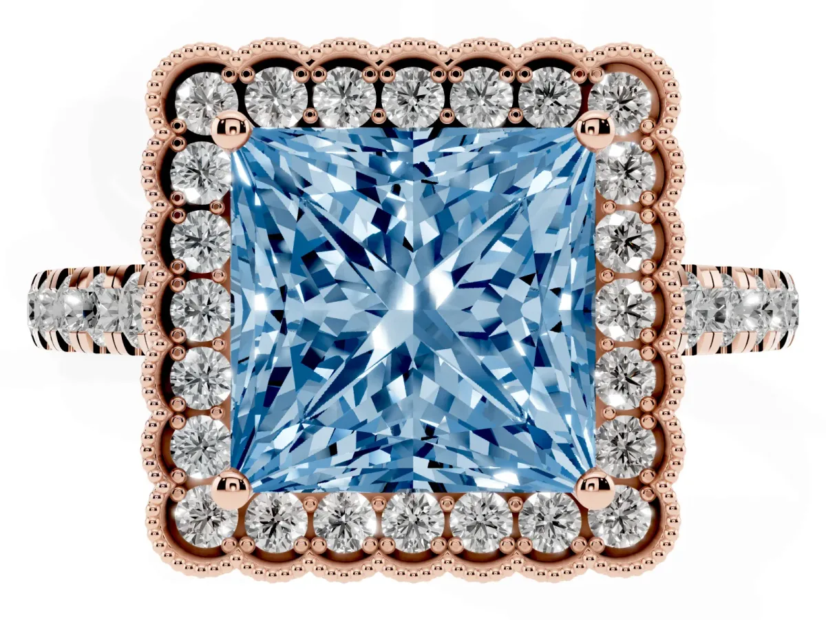 Fancy Blue Princess Cut Cut Diamond Milgrain Floral Halo Engagement Ring with Pavé Band Rose gold