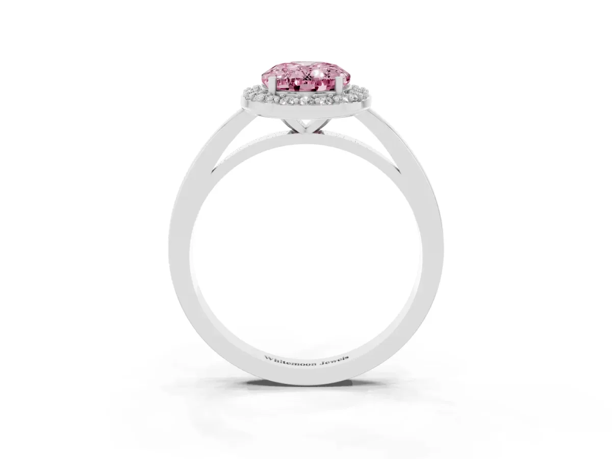 Fancy Pink Oval Cut Halo Diamond Ring with Solitaire Band and Prong Setting Silver