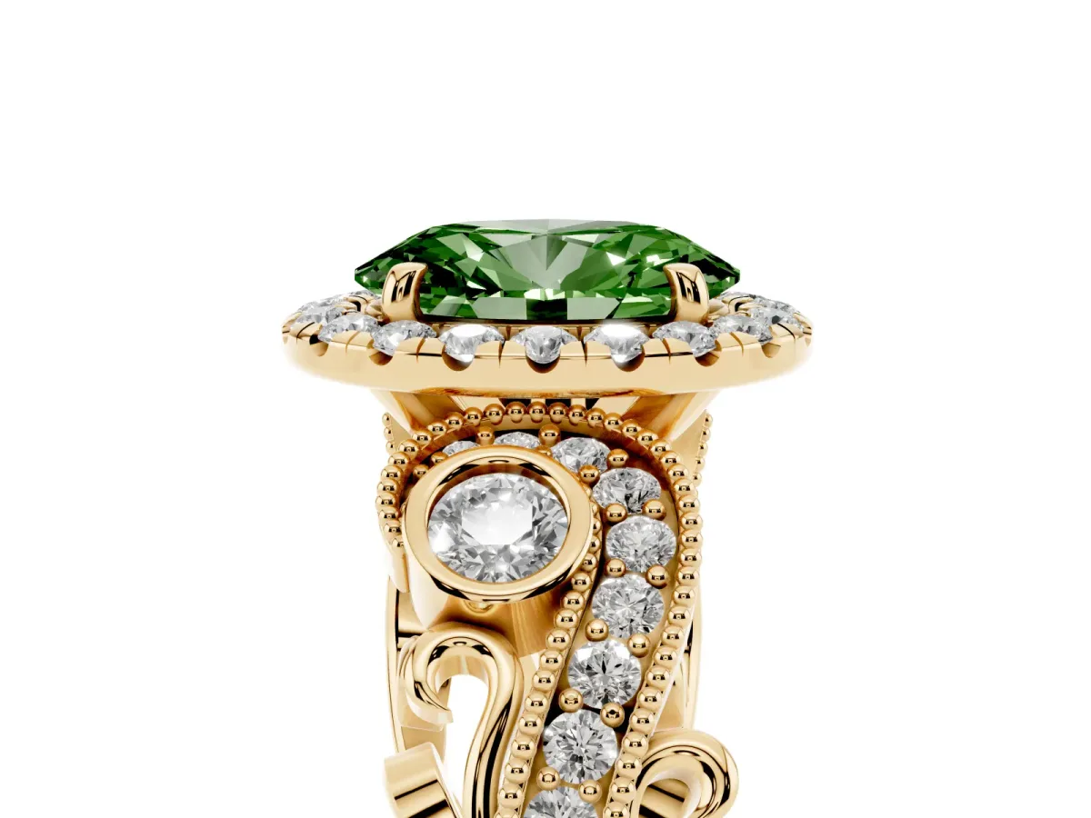 Fancy Green Oval Cut Halo Diamond Ring with Milgrain and Bezel Accents on a Split Shank Band Yellow gold