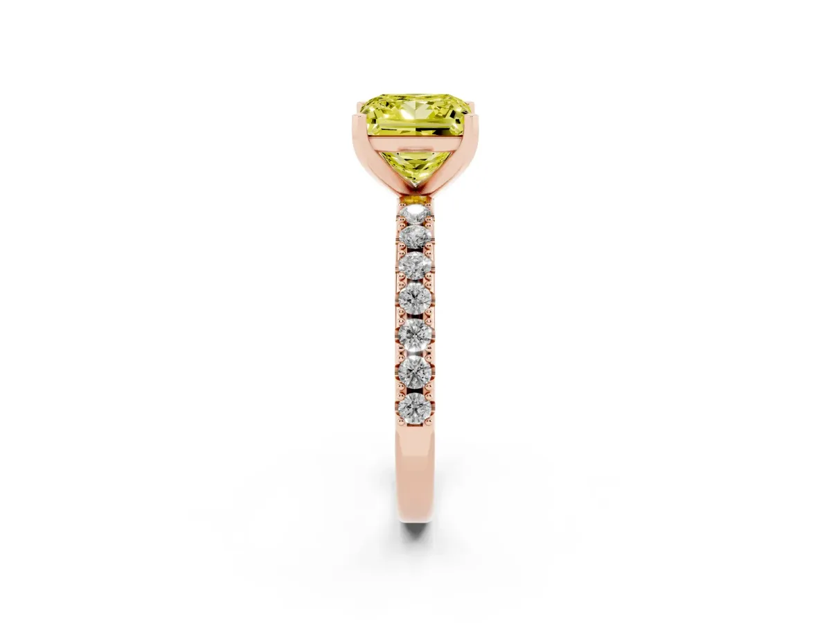 Fancy Yellow Princess Cut Diamond Solitaire Pavé Band with Four-Prong Setting Rose gold