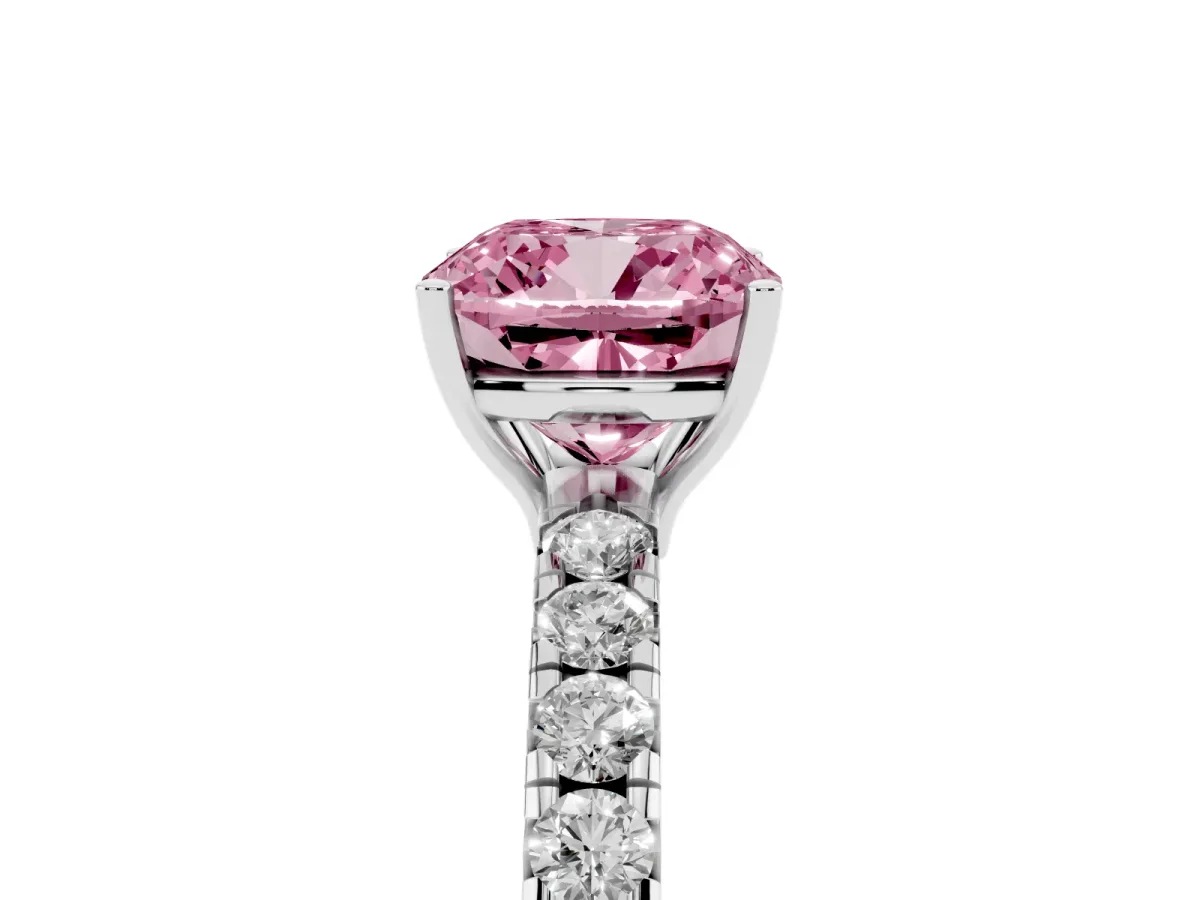 Fancy Pink Cushion Cut Diamond Pavé Solitaire Engagement Ring with Four-Prong Setting Silver
