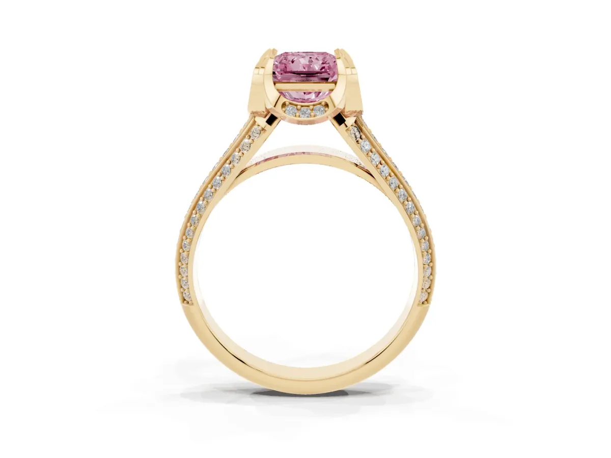 Fancy Pink Radiant Cut Solitaire Pave Split Shank Ring with Four-Prong Setting Yellow gold