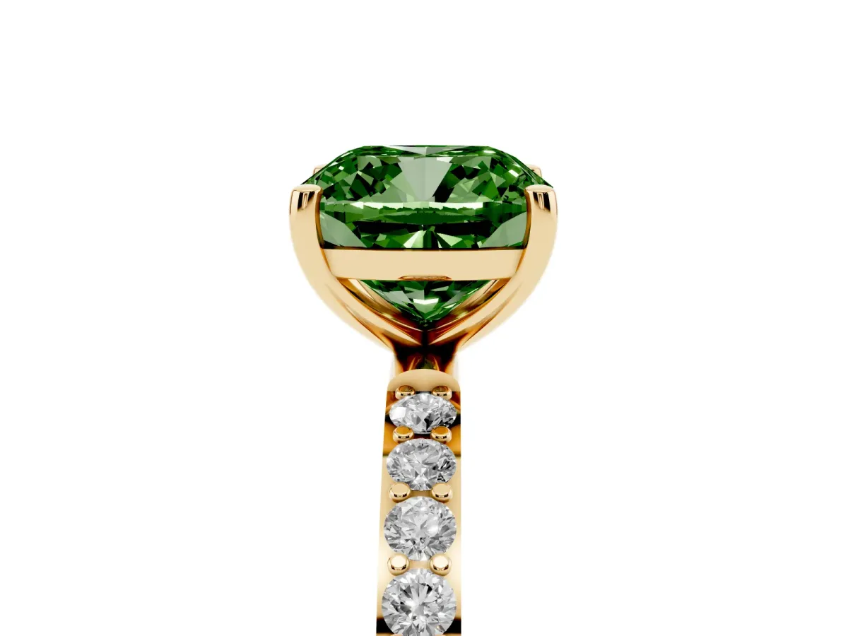 Fancy Green Cushion Cut Diamond Solitaire Ring with Round Pavé Shoulders and Prong Setting Yellow gold
