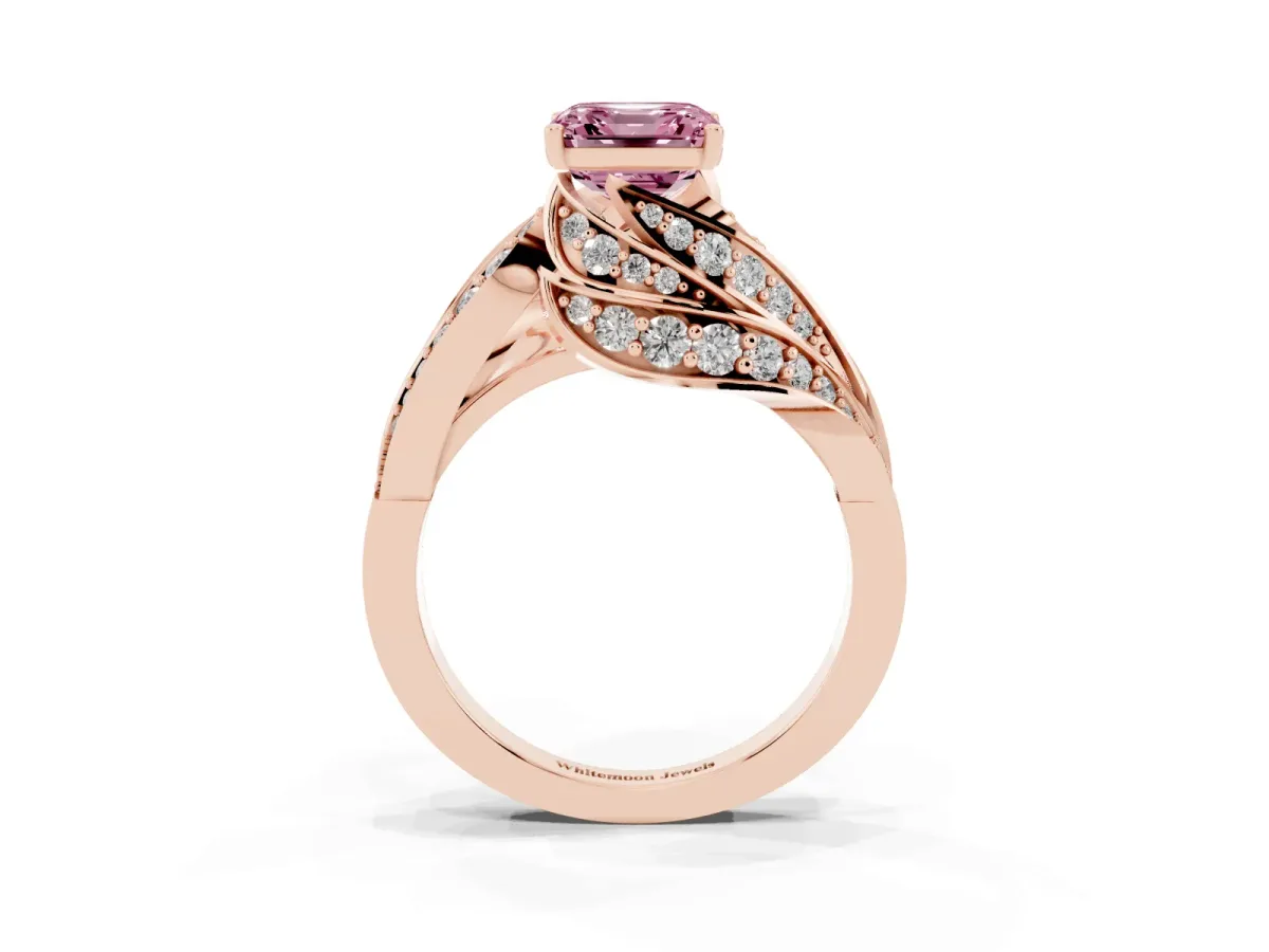 Fancy Pink Asscher Cut Diamond Solitaire Ring with Prong Setting and Twisted Pavé Band Rose gold