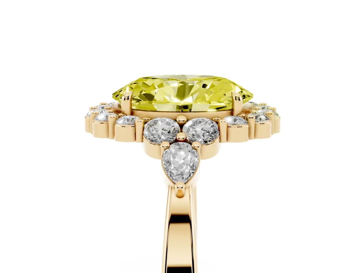 Fancy Yellow Oval Cut Diamond Halo Ring with Pear Side Stones and Prong Setting Yellow gold