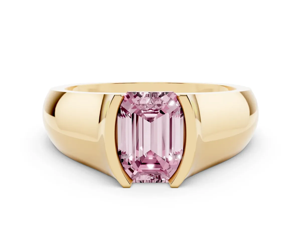 Fancy Pink Emerald Cut Solitaire Bezel Set Diamond Ring with Wide Band Yellow gold