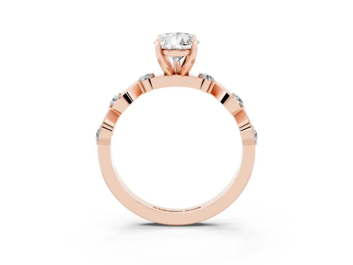 Pear Cut Diamond Solitaire Twisted Band with Round Accents and Prong Setting Rose gold