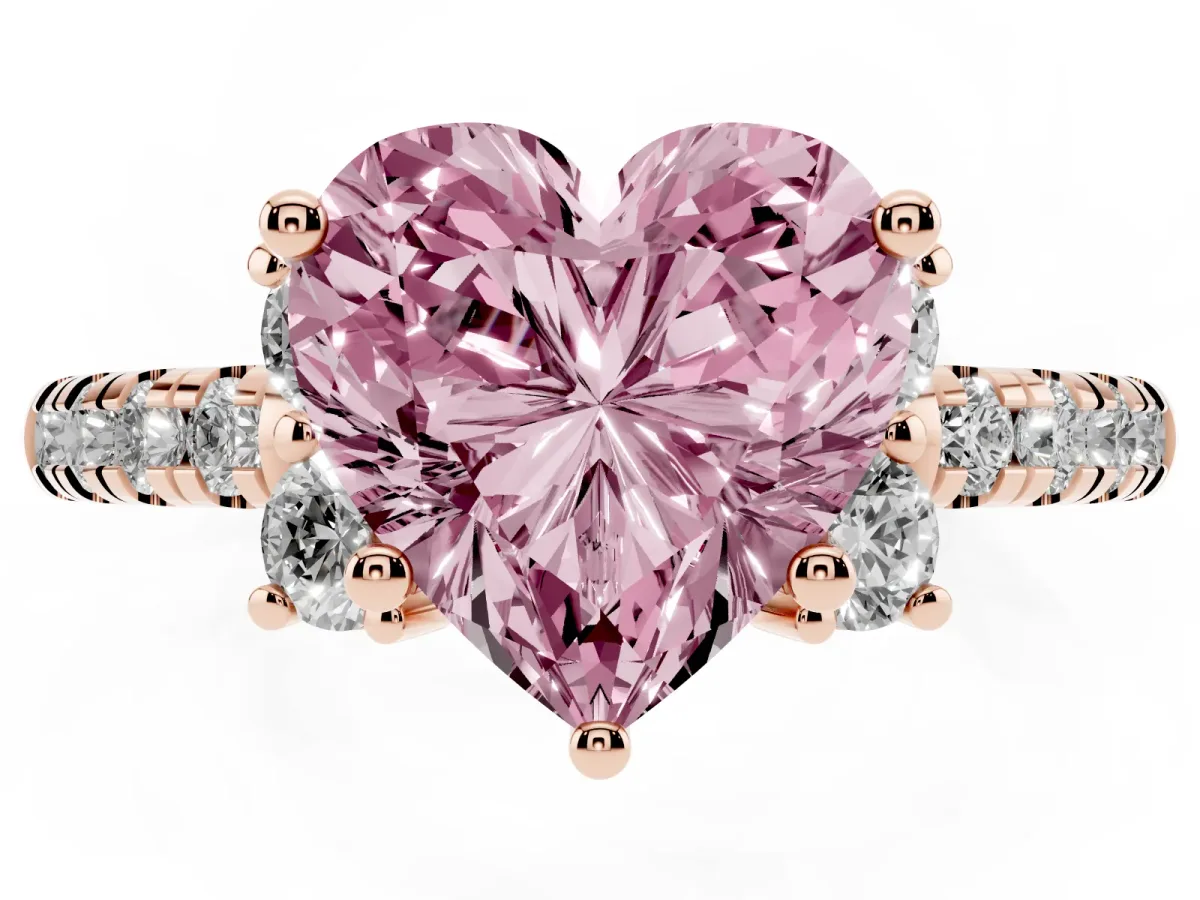 Fancy Pink Heart Cut Diamond Three-Stone Pave Band with Four-Prong Setting Rose gold
