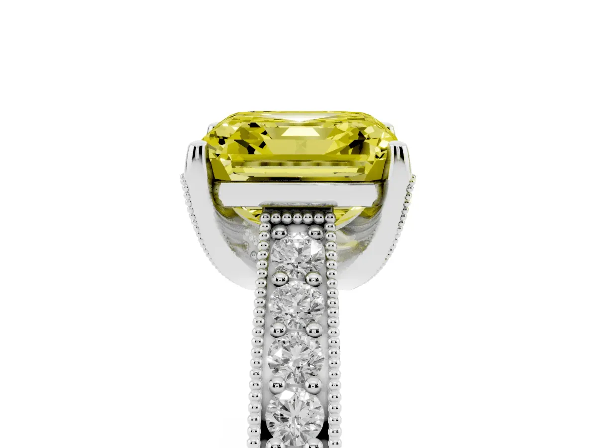 Fancy Yellow Asscher Cut Cut Diamond Solitaire Ring with Milgrain Pave Band and Four Prong Setting Silver