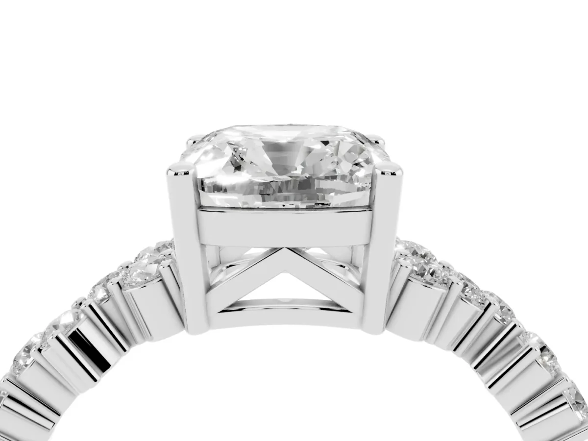 Cushion Cut Diamond Scattered Round Accent Ring with Prong Setting Silver