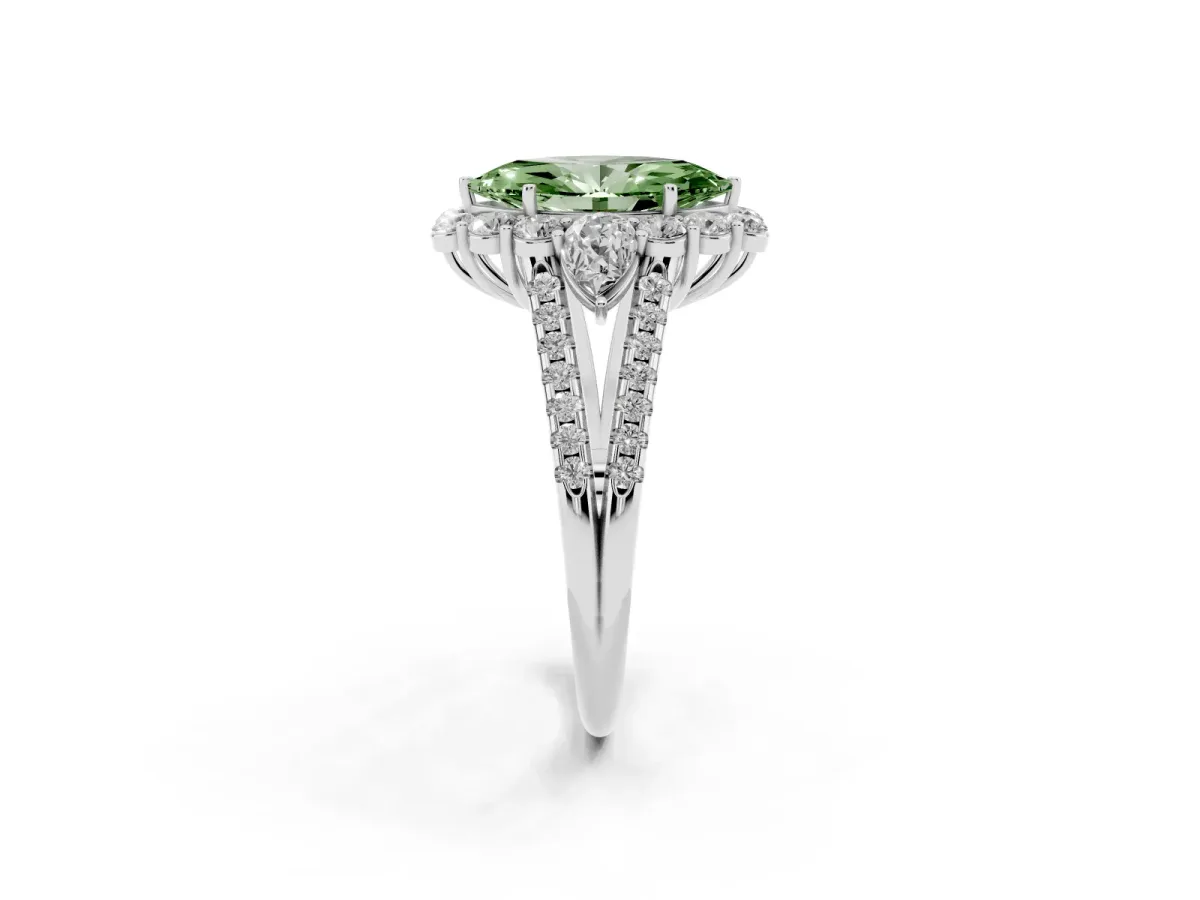 Fancy Green Marquise Cut Halo Split Shank Diamond Engagement Ring with Prong Setting Platinum