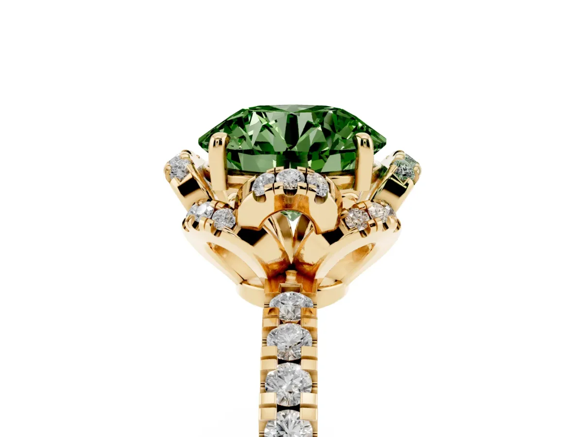 Fancy Green Round Cut Halo Diamond Pave Band Ring with Four-Prong Setting Yellow gold