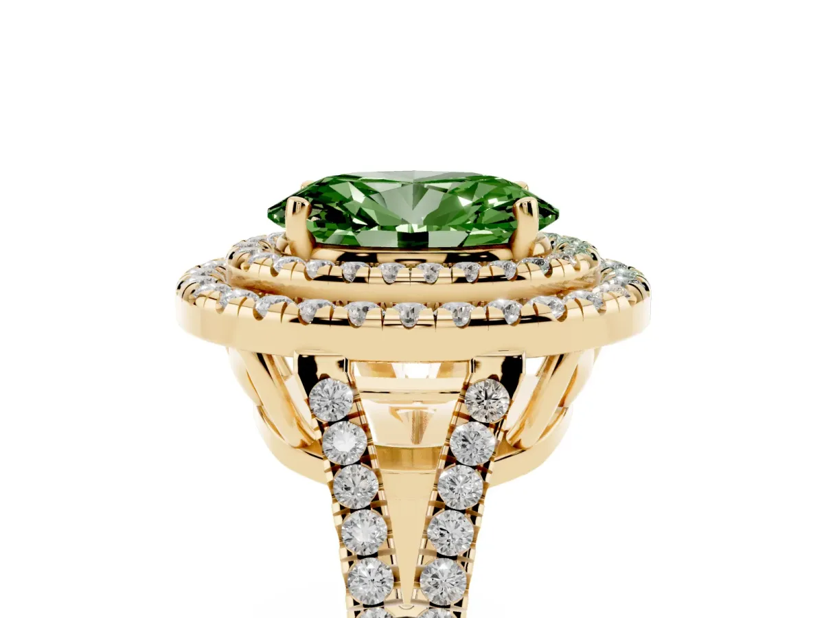 Fancy Green Oval Cut Diamond Double Halo Ring with Pavé Band and Prong Setting Yellow gold