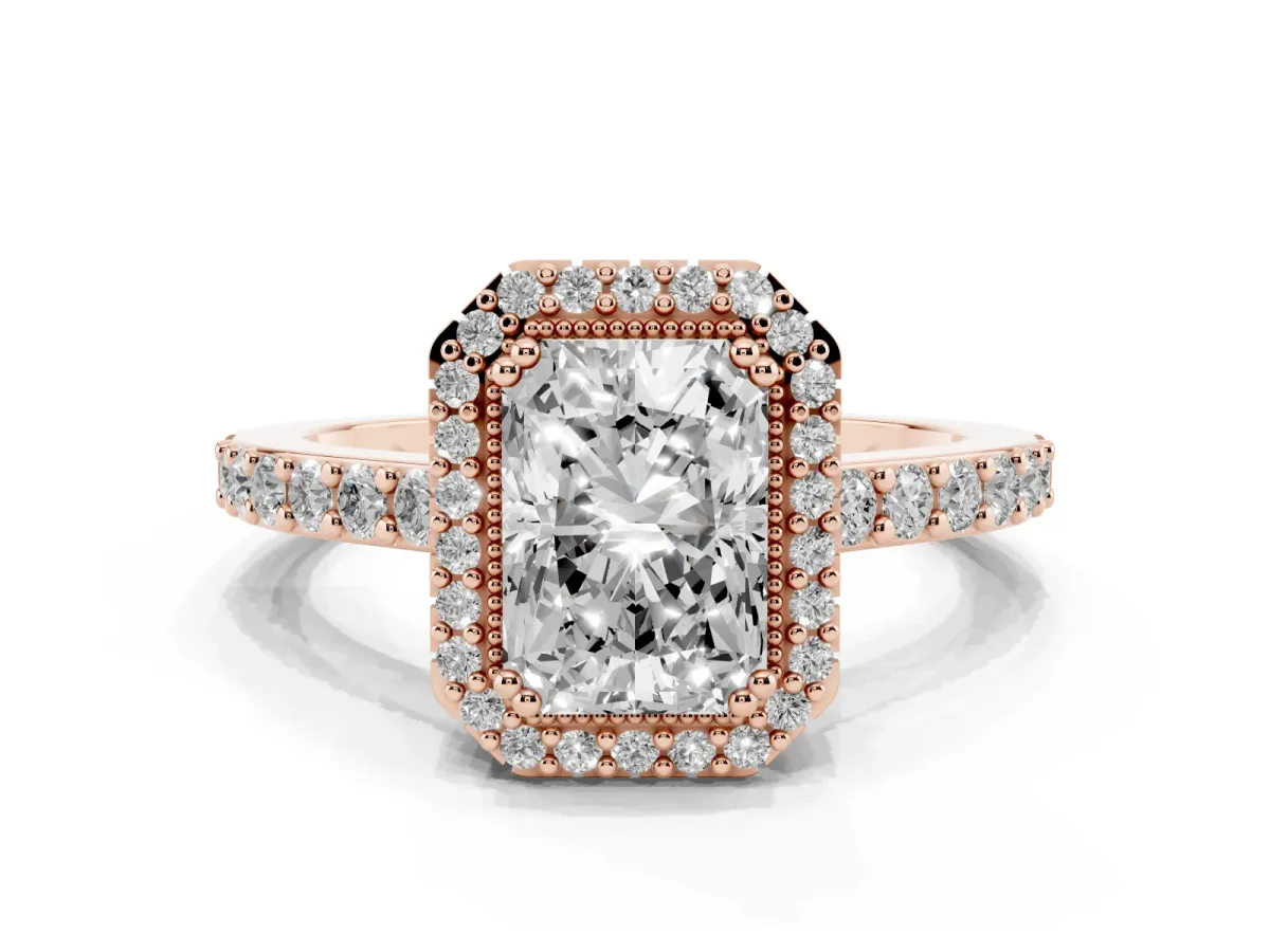 Radiant Cut Cut Diamond Halo Engagement Ring with Milgrain Detail and Pavé Band Rose gold
