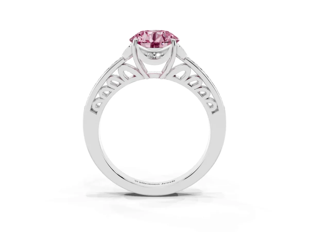 Fancy Pink Round Cut Cut Halo Diamond Ring with Channel Set Band and Four-Prong Setting Silver