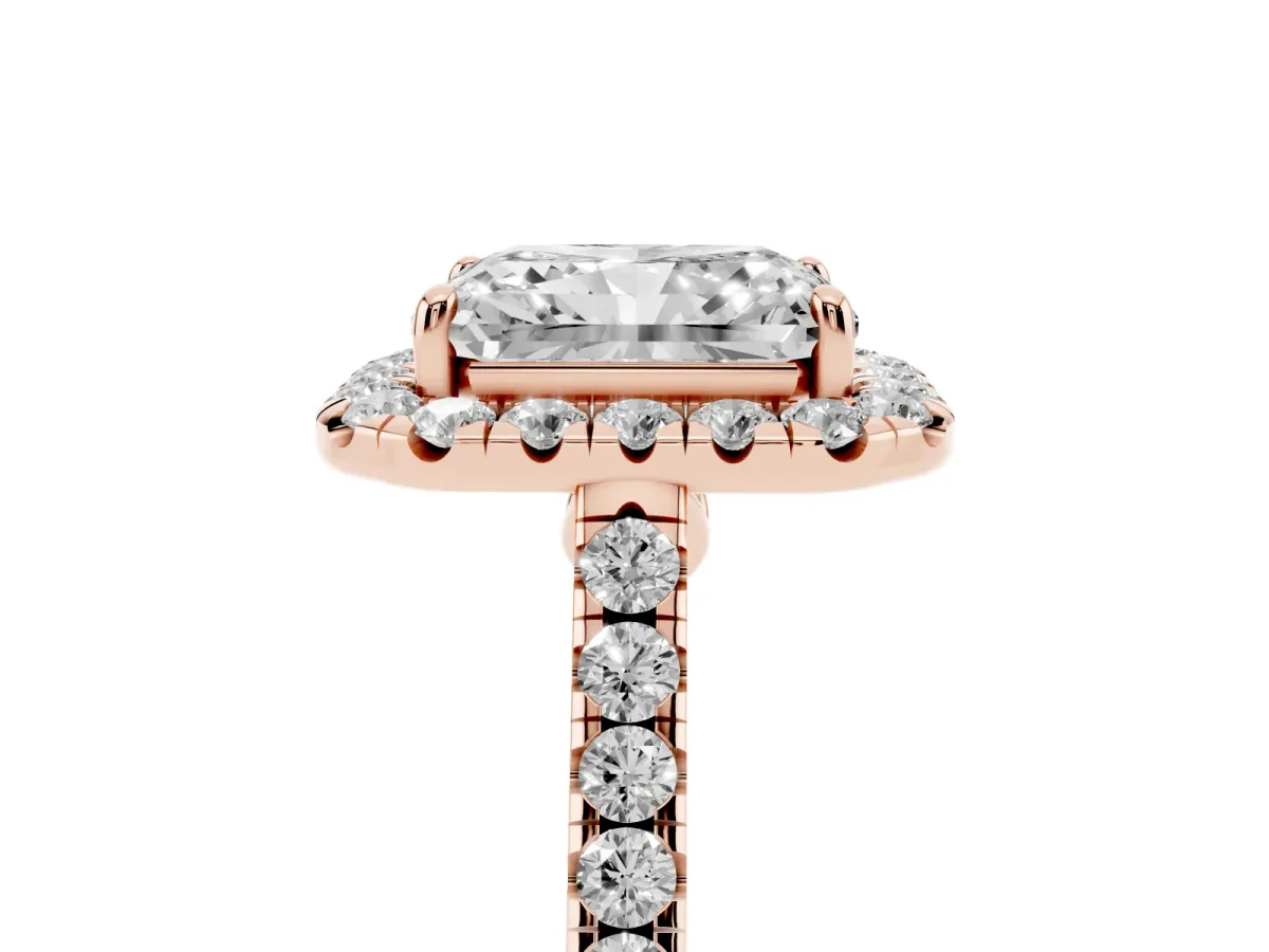 Radiant Cut Halo Pave Diamond Engagement Ring with Four-Prong Setting Rose gold