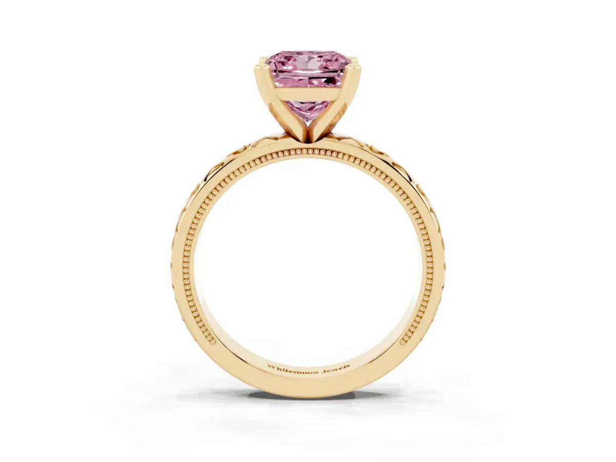 Fancy Pink Princess Cut Solitaire Diamond Engagement Ring with XO Engraved Band and Four-Prong Setting Yellow gold