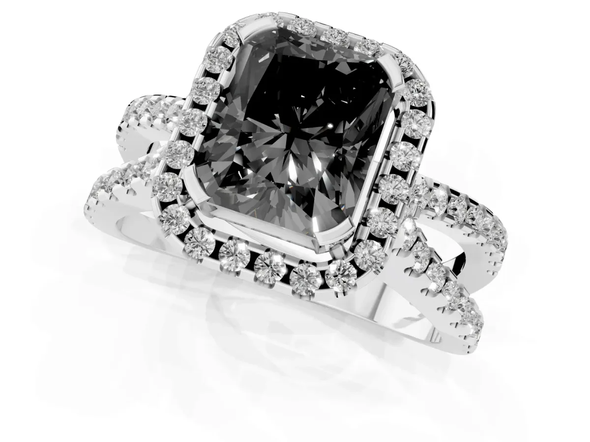Fancy Black Radiant Cut Diamond Halo Ring with Split Shank Pavé Band and Prong Setting Silver